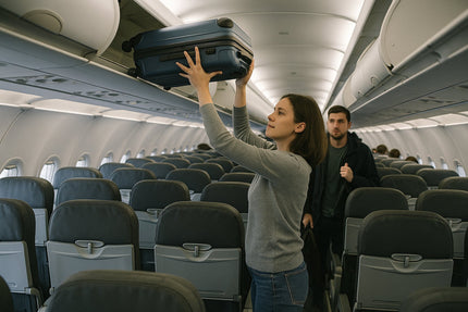 Reisende hebt ihren Handgepäck-Trolley ins Gepäckfach im Flugzeug