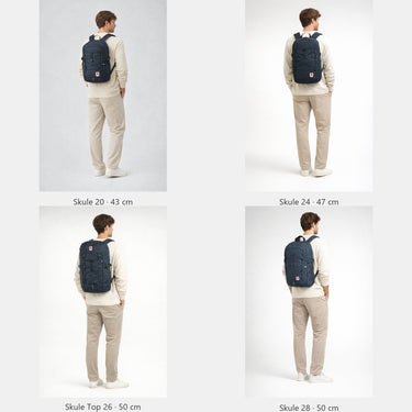 Größenvergleich Skule 20 / 24 / 26 / 28 – KI-generierte Darstellung – Fjällräven Skule 24 - Rucksack 47 cm (dusty rose)