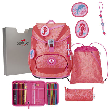 DerDieDas ErgoFlex Light Exklusiv Superflash - Schulranzen Set 5tlg. 800g (Coral Reef) - Markenkoffer