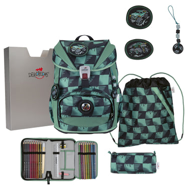 DerDieDas ErgoFlex Light Exklusiv Superflash - Schulranzen Set 5tlg. 800g (Super Truck) - Markenkoffer