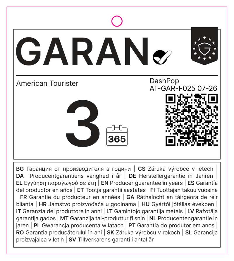 EU GARAN label: producer guarantee of durability in years: 3.0 – American Tourister