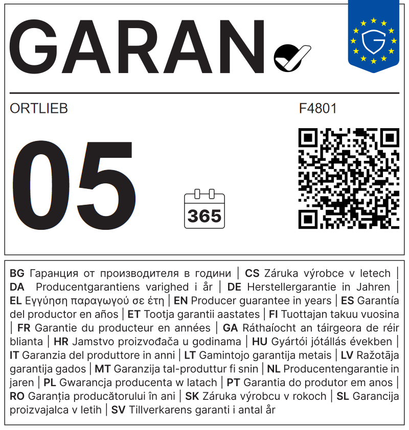 Label GARAN de l’UE : garantie du producteur en années: 5.0 – Ortlieb